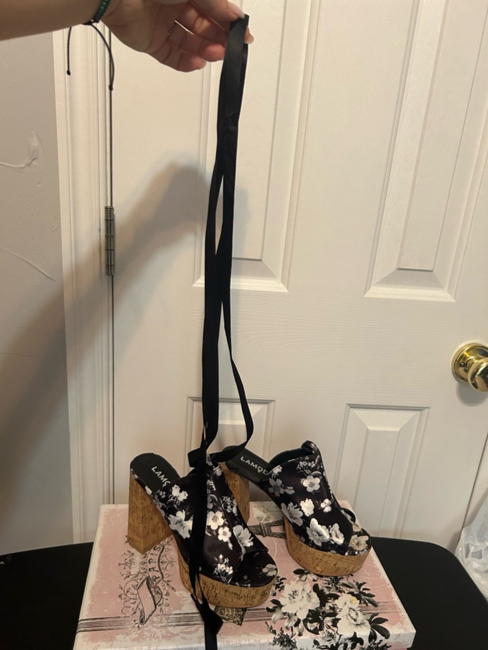 Black Floral Satin Cork Platform Peep-Toe Wedges with Ribbon Tie - Picture 4 of 5